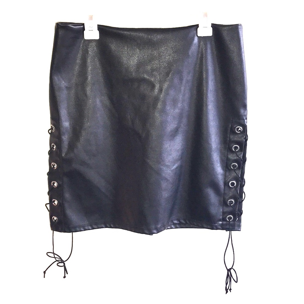 Black Faux Leather Lace Up Mini Skirt